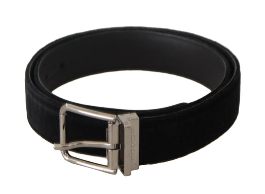 Dolce & Gabbana Black Velvet Silver Logo Engraved Metal Buckle Belt