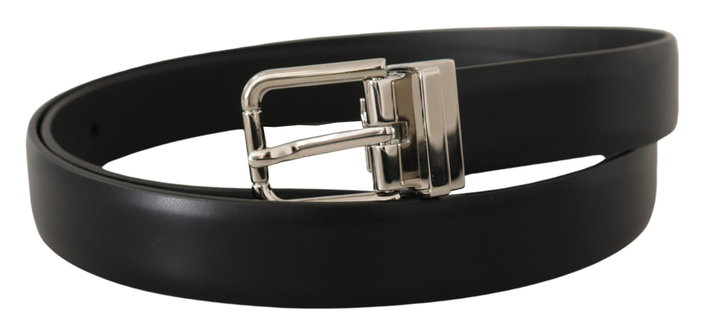 Dolce & Gabbana Black Calf Leather Silver Metal Logo Buckle Belt