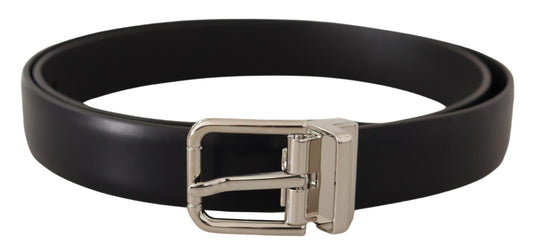 Dolce & Gabbana Black Calf Leather Silver Metal Logo Buckle Belt