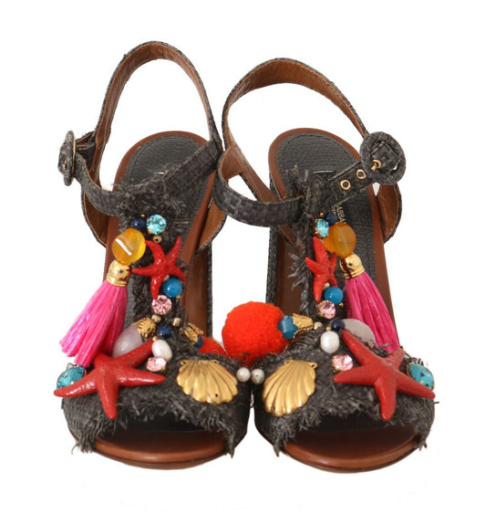 Dolce & Gabbana Gray Straw MARINA Sea Star Sandals