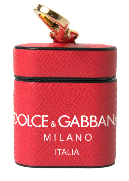 Dolce & Gabbana Red Leather Gold Tone Metal Logo Print Strap Airpods Case