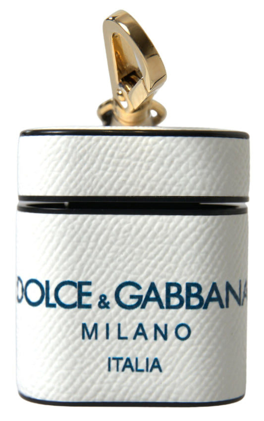 Dolce & Gabbana White Blue Calf Leather Logo Print Strap Airpods Case