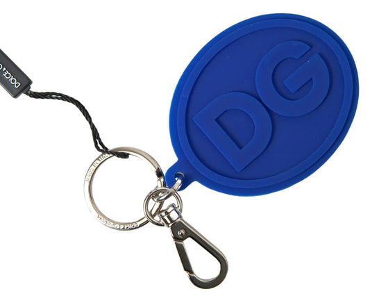 Dolce & Gabbana Blue Rubber DG Logo Silver Brass Metal Keyring Keychain