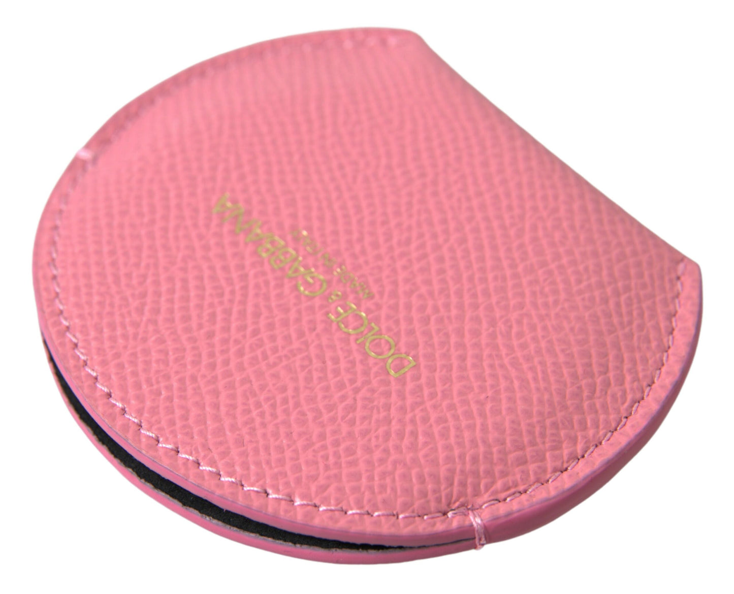 Dolce & Gabbana Pink Calfskin Leather Round Logo Print Hand Mirror Holder