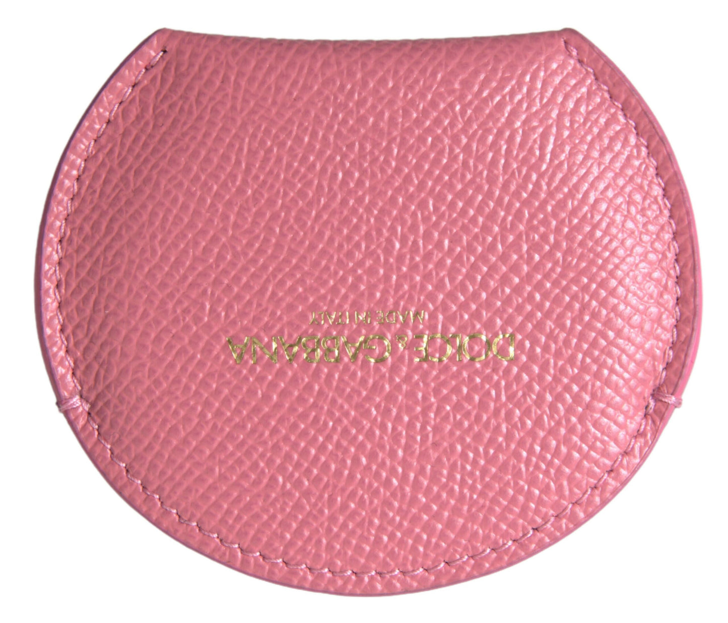 Dolce & Gabbana Pink Calfskin Leather Round Logo Print Hand Mirror Holder