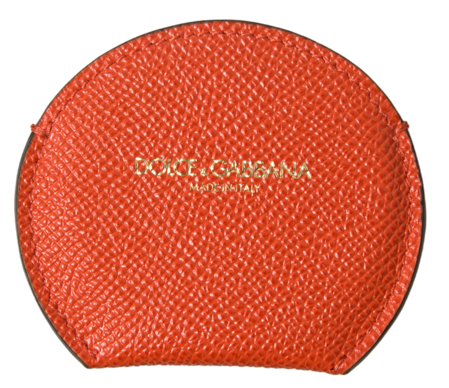 Dolce & Gabbana Orange Calfskin Leather Round Logo Hand Mirror Holder