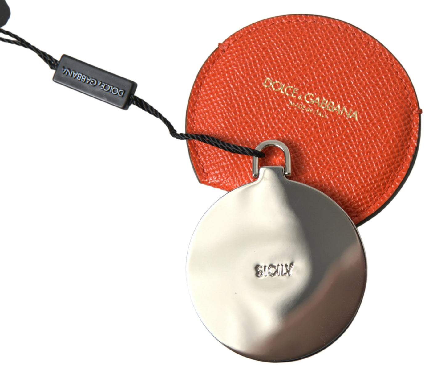 Dolce & Gabbana Orange Calfskin Leather Round Logo Hand Mirror Holder