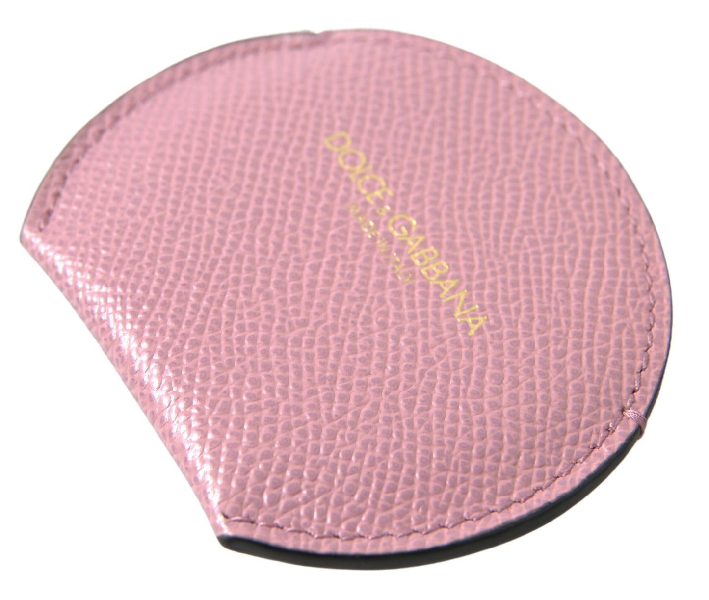 Dolce & Gabbana Pink Calfskin Leather Round Logo Print Hand Mirror Holder