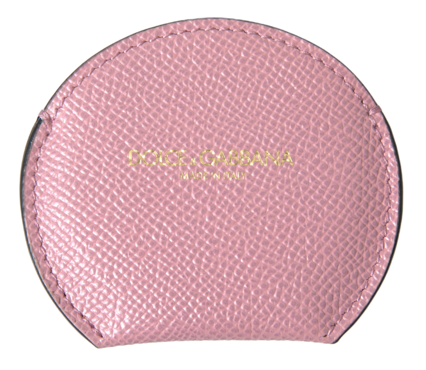 Dolce & Gabbana Pink Calfskin Leather Round Logo Print Hand Mirror Holder