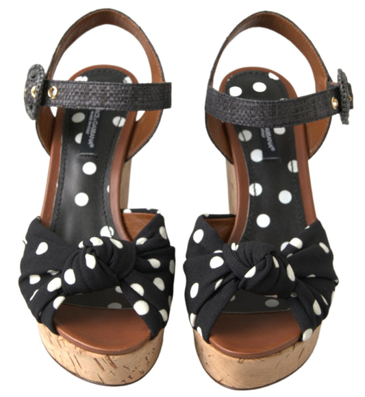 Dolce & Gabbana Black White Polka Dotted Ankle Strap Wedge Sandals