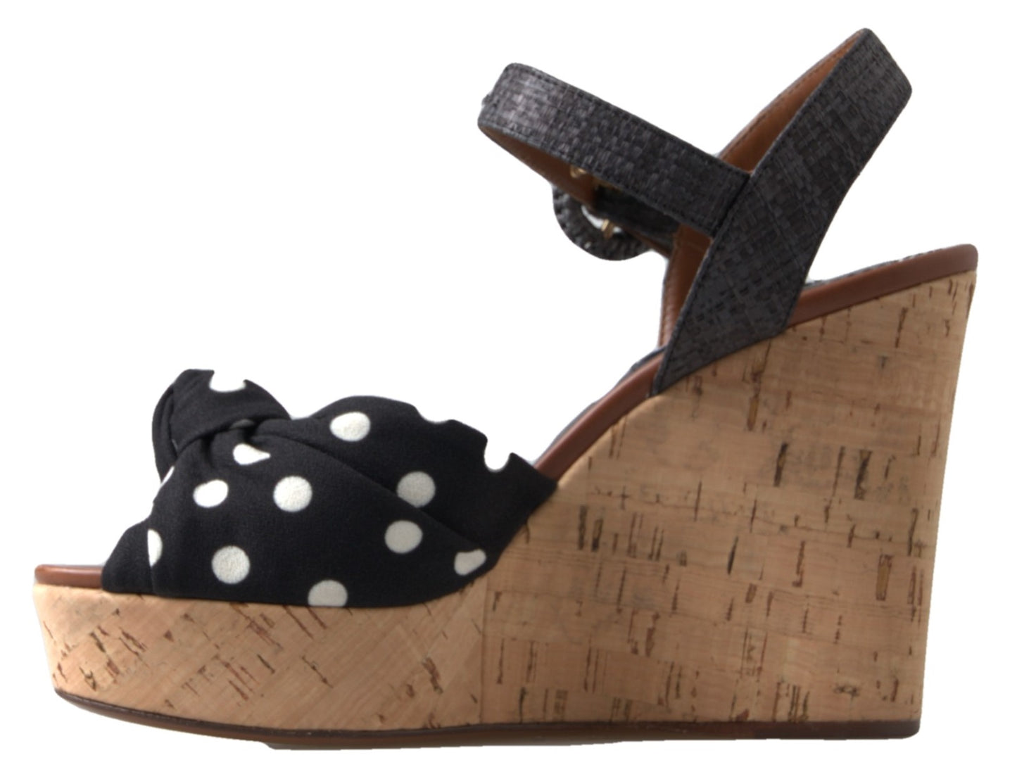 Dolce & Gabbana Black White Polka Dotted Ankle Strap Wedge Sandals