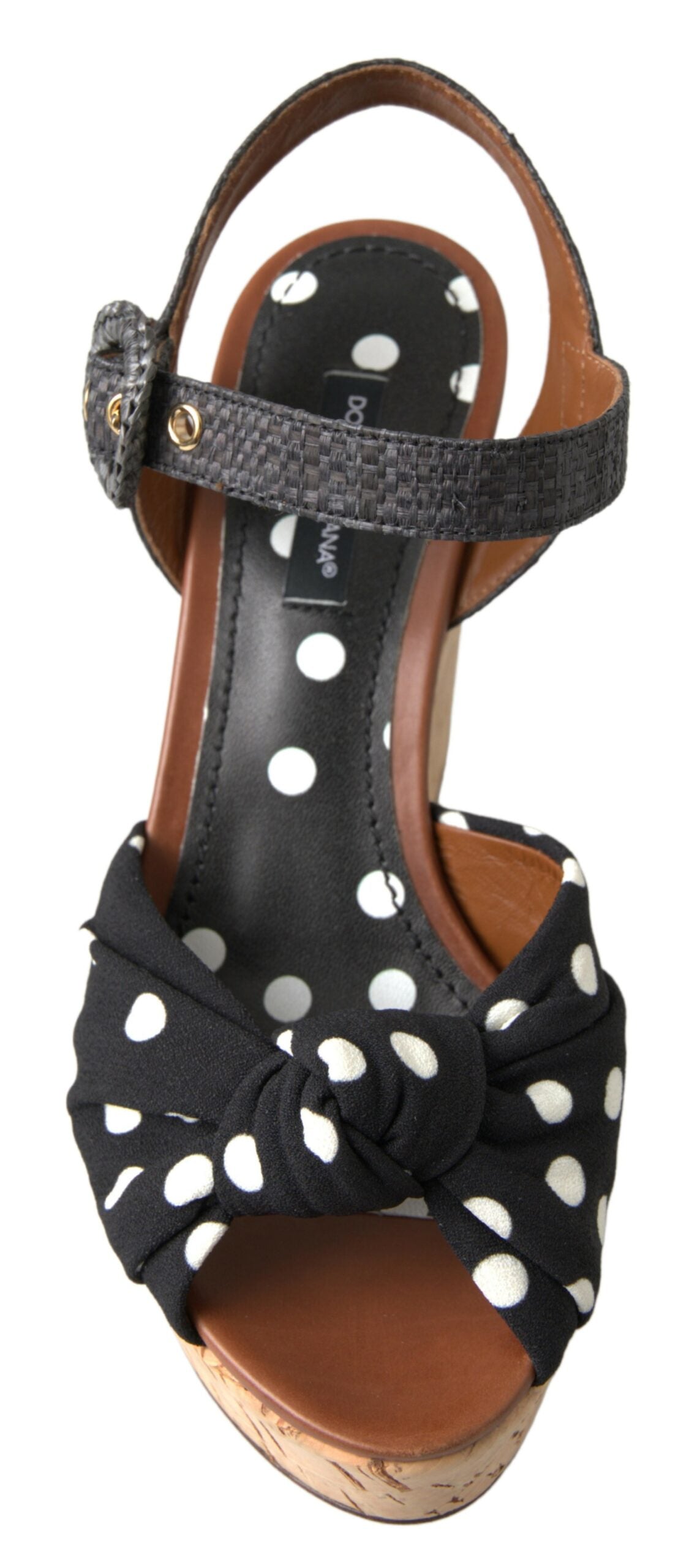 Dolce & Gabbana Black White Polka Dotted Ankle Strap Wedge Sandals