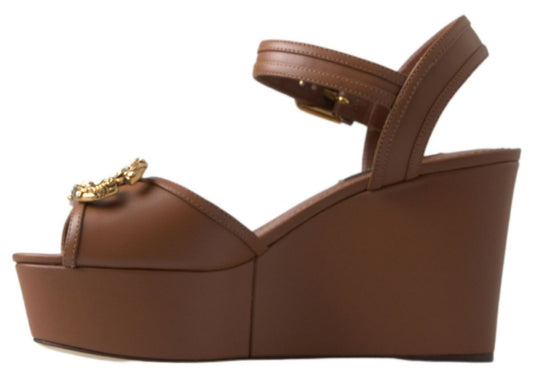 Dolce & Gabbana Brown Leather AMORE Wedge Sandals Shoes