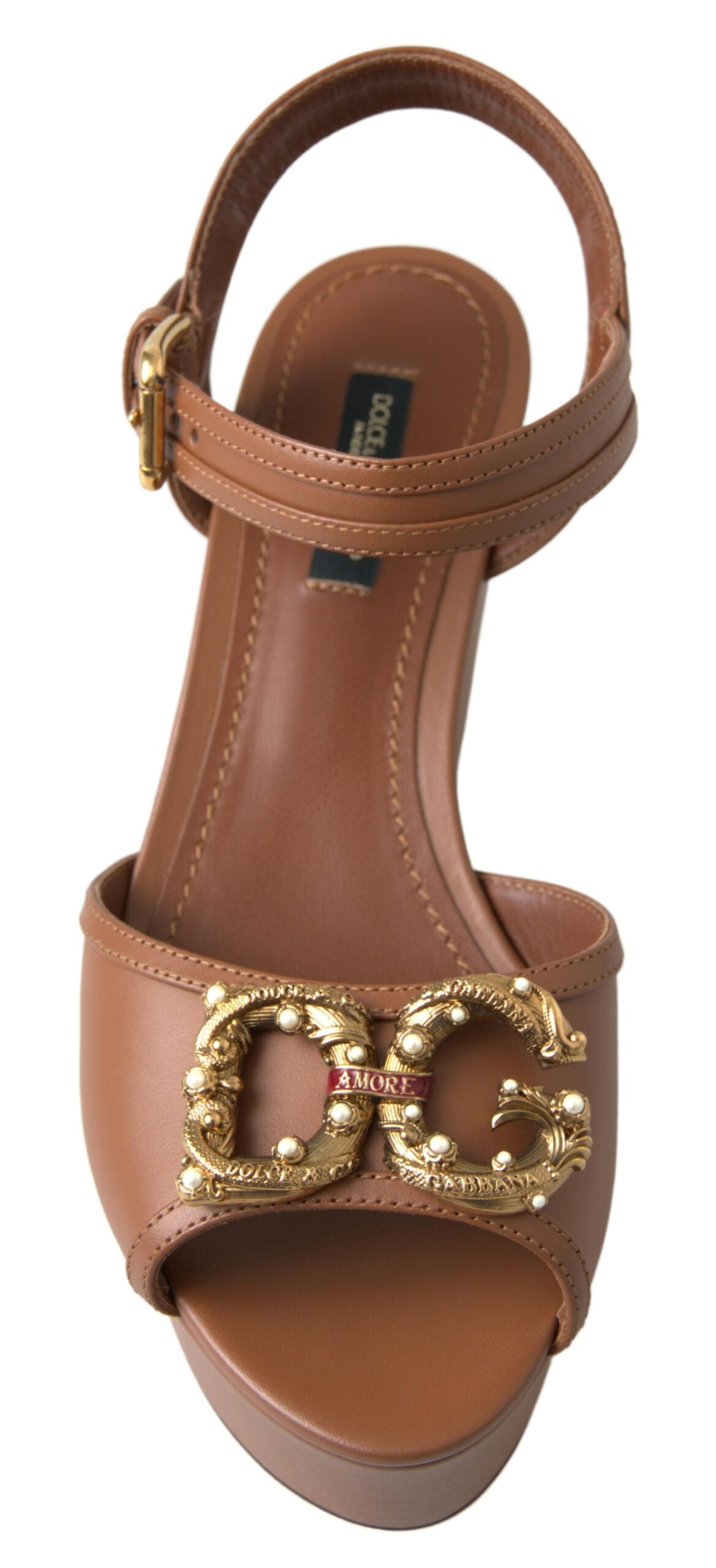 Dolce & Gabbana Brown Leather AMORE Wedge Sandals Shoes