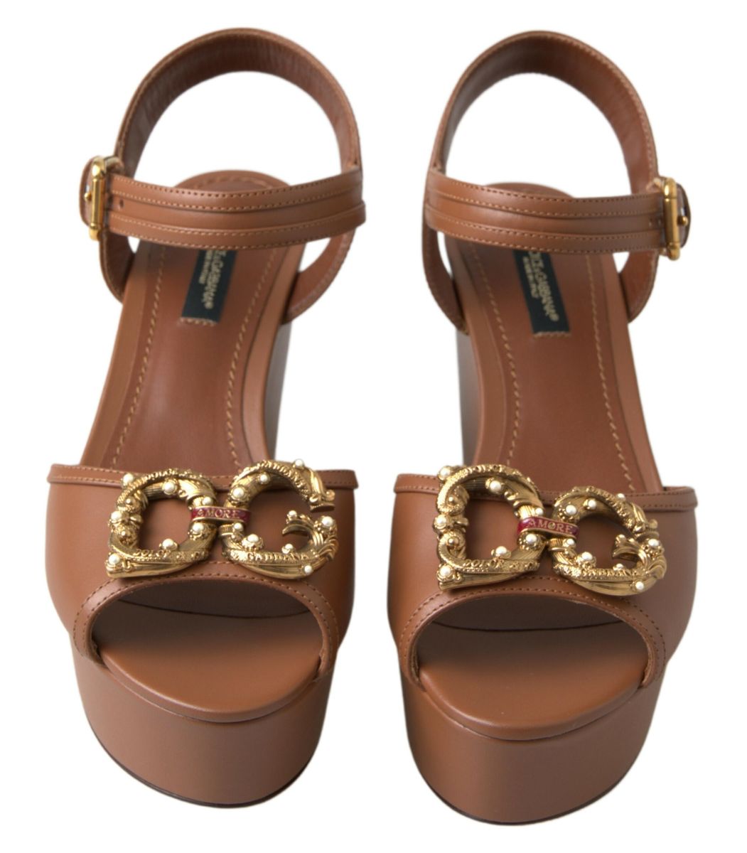 Dolce & Gabbana Brown Leather AMORE Wedge Sandals Shoes