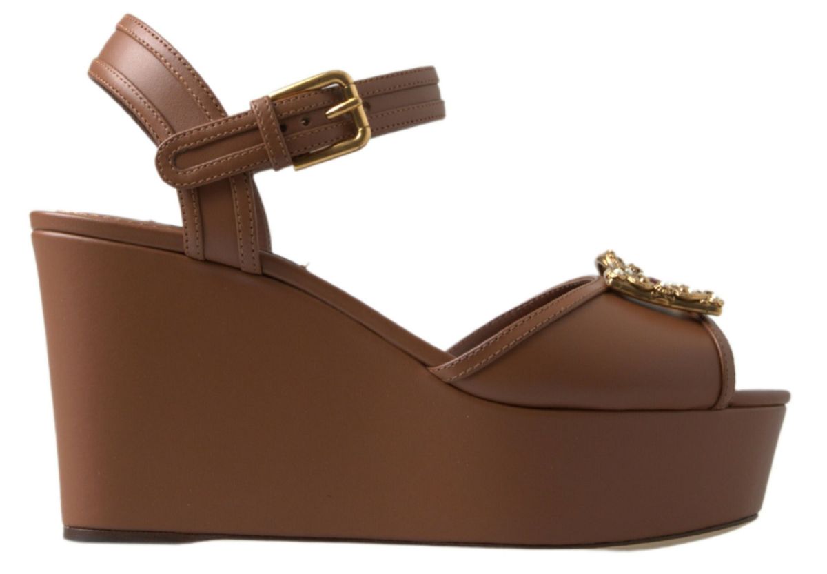 Dolce & Gabbana Brown Leather AMORE Wedge Sandals Shoes