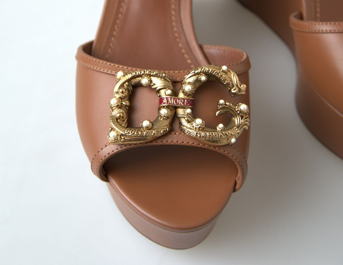 Dolce & Gabbana Brown Leather AMORE Wedge Sandals Shoes