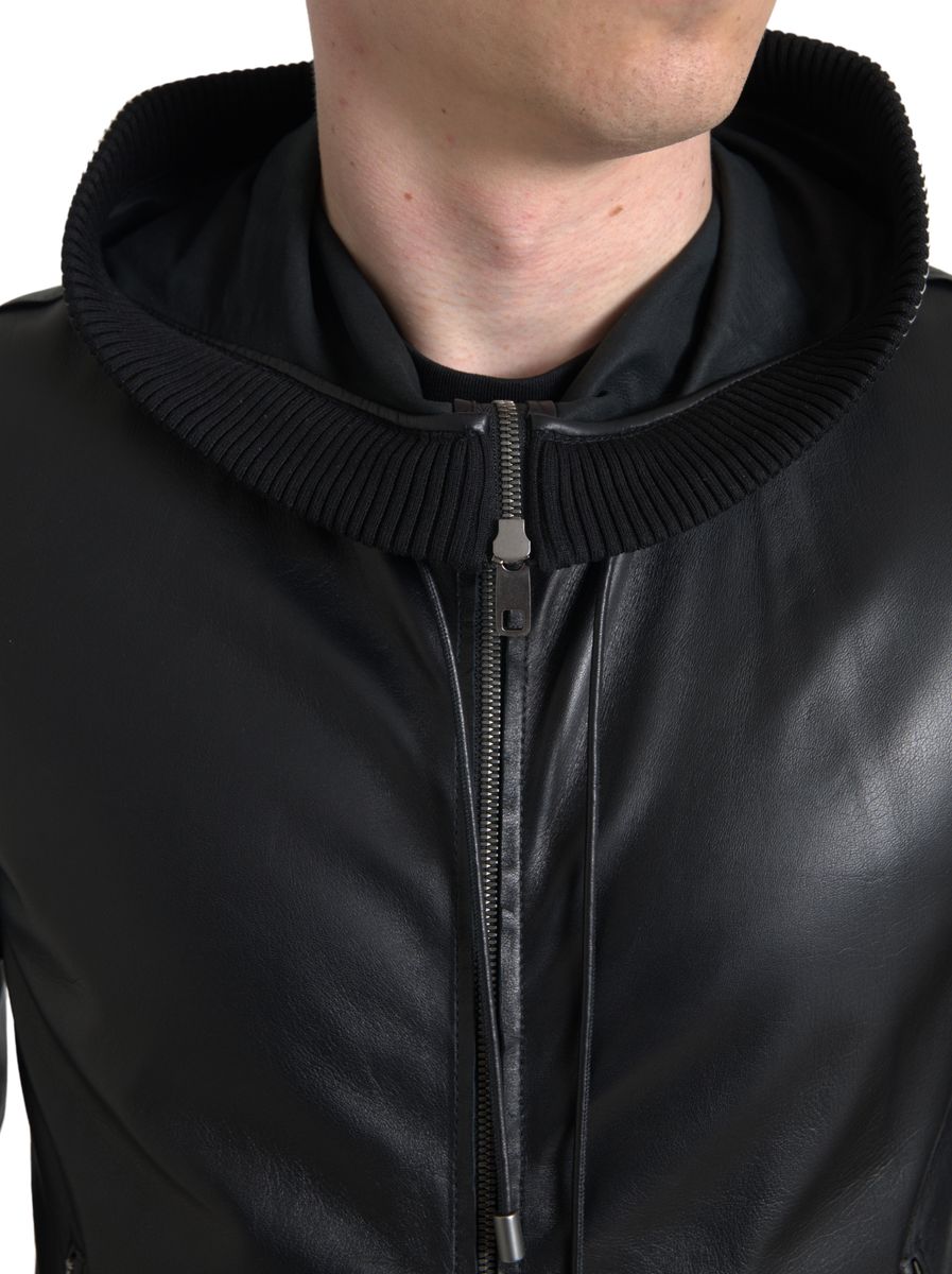 Dolce & Gabbana Black Leather Full Zip Hooded Men Jacket