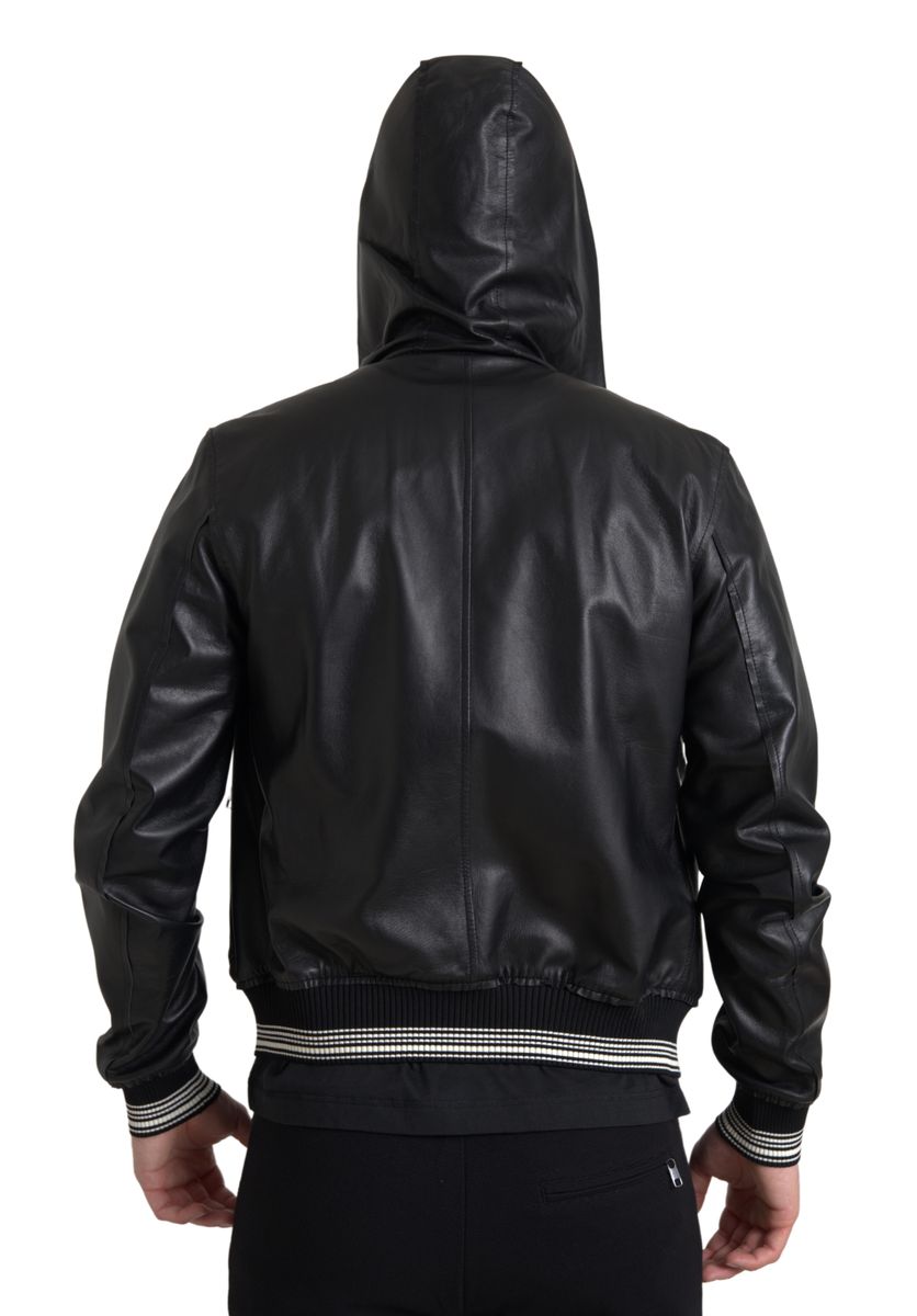 Dolce & Gabbana Black Leather Full Zip Hooded Men Jacket