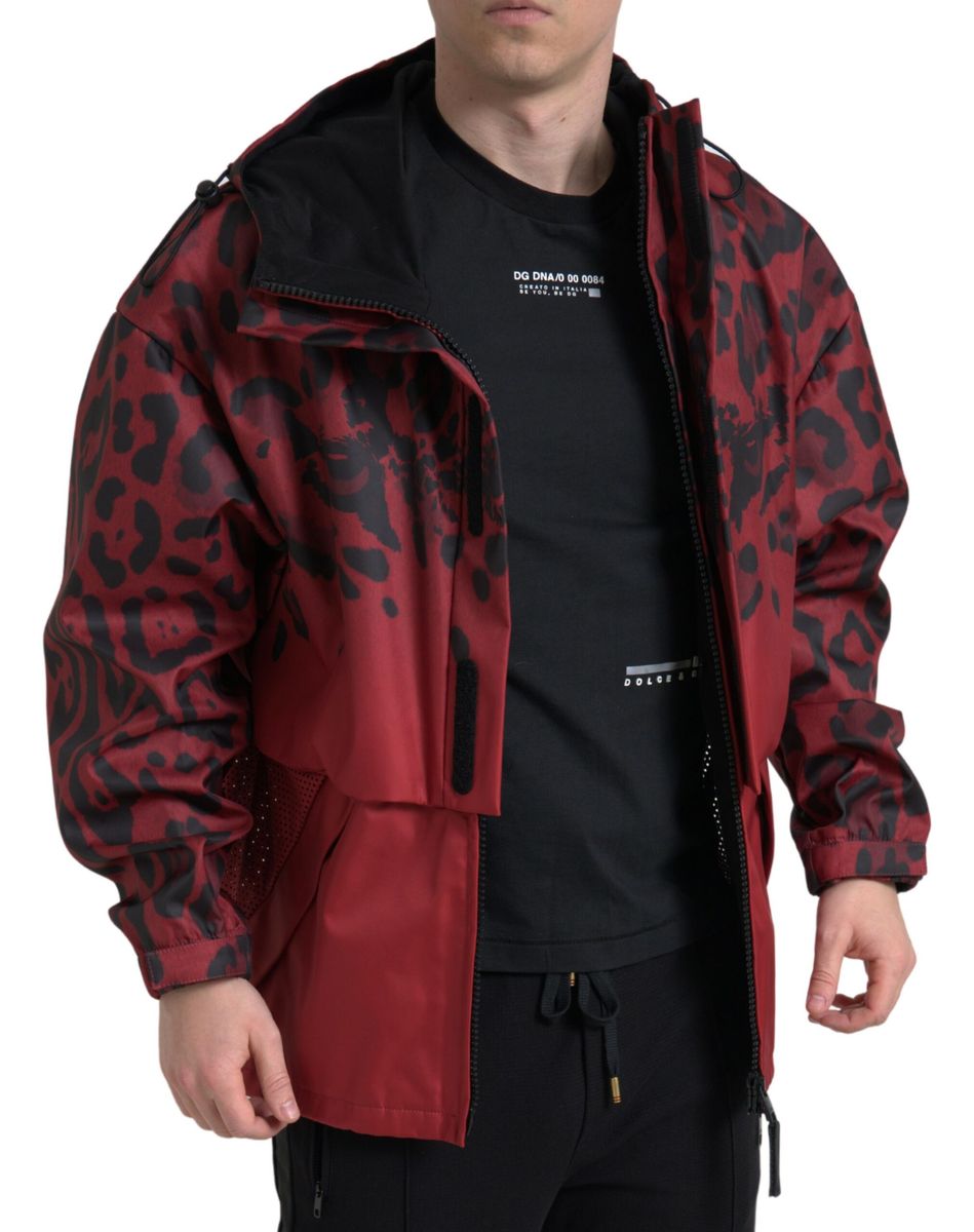 Dolce & Gabbana Red Black Leopard Hooded Rain Coat Jacket