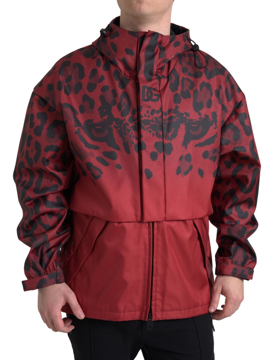 Dolce & Gabbana Red Black Leopard Hooded Rain Coat Jacket