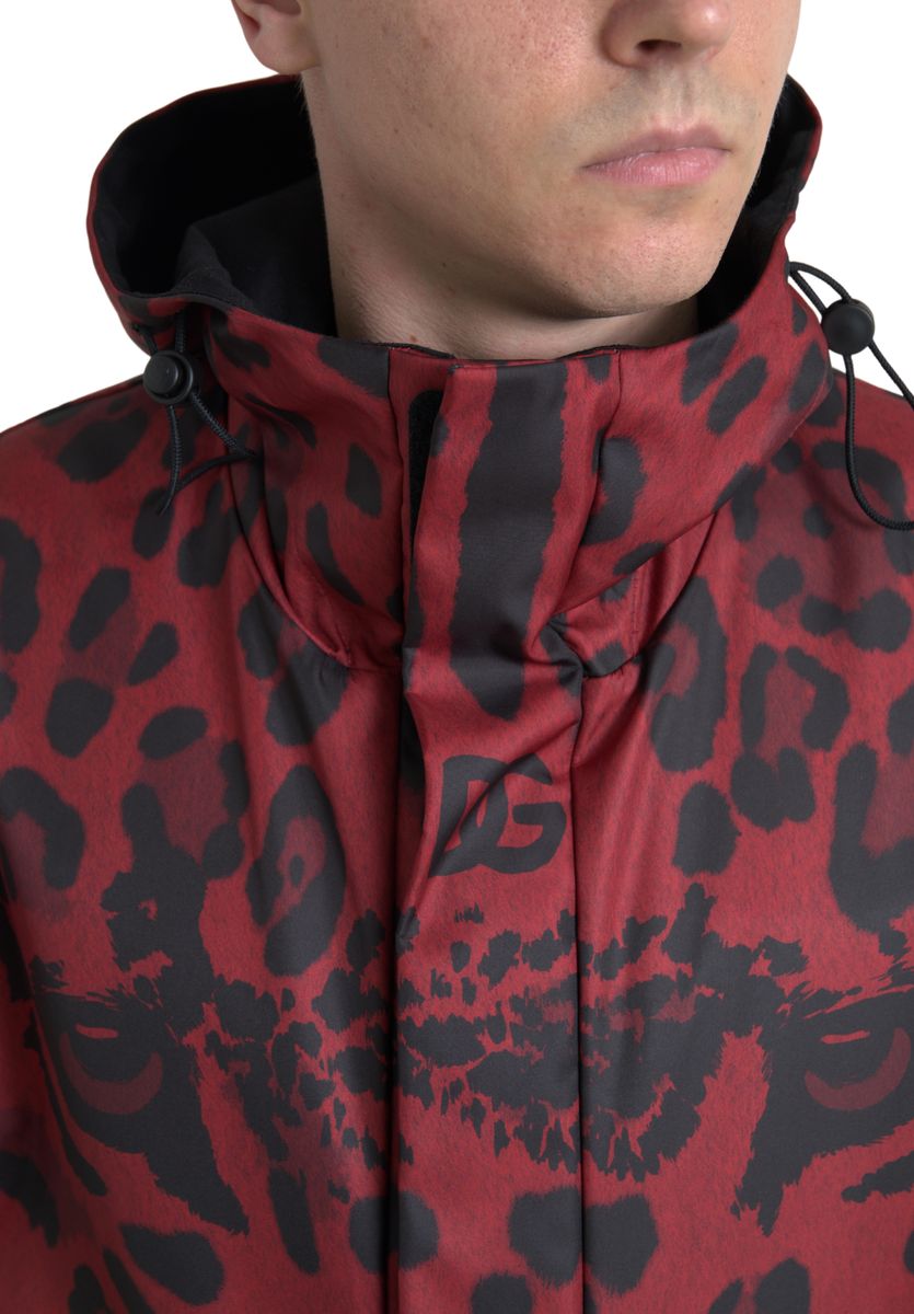 Dolce & Gabbana Red Black Leopard Hooded Rain Coat Jacket