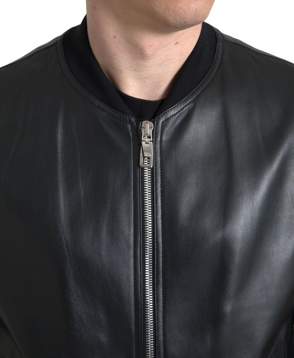 Dolce & Gabbana Black Leather Zip Bomber Jacket