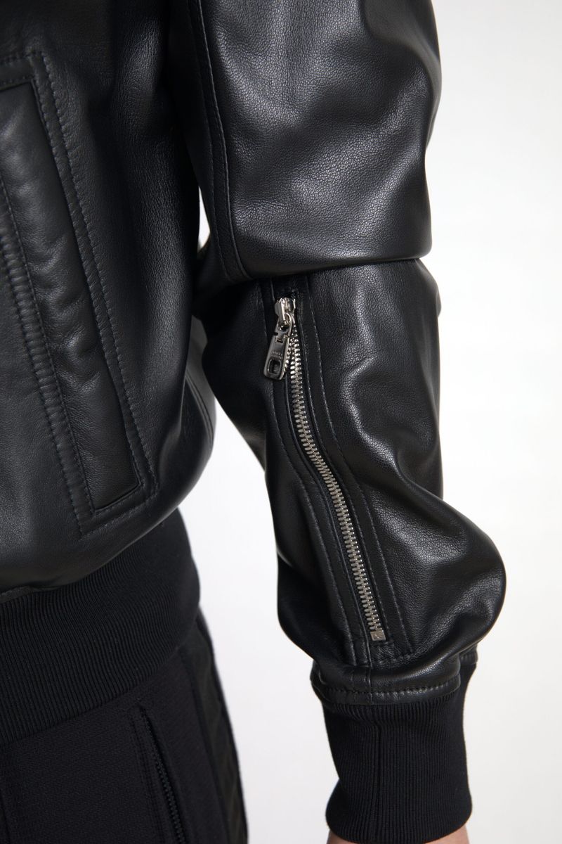 Dolce & Gabbana Black Leather Zip Bomber Jacket