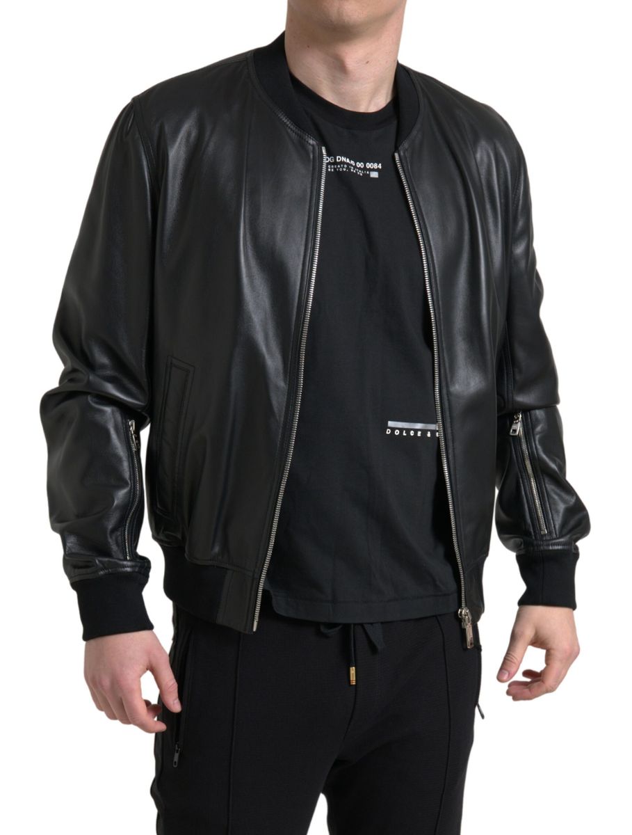 Dolce & Gabbana Black Leather Zip Bomber Jacket