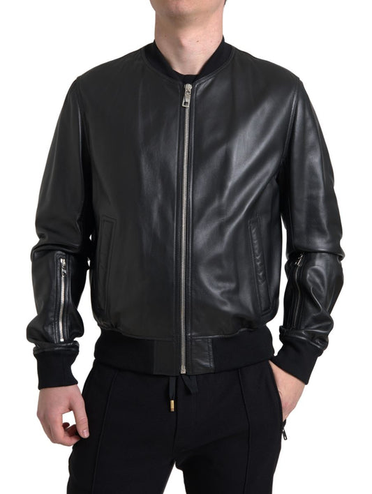 Dolce & Gabbana Black Leather Zip Bomber Jacket