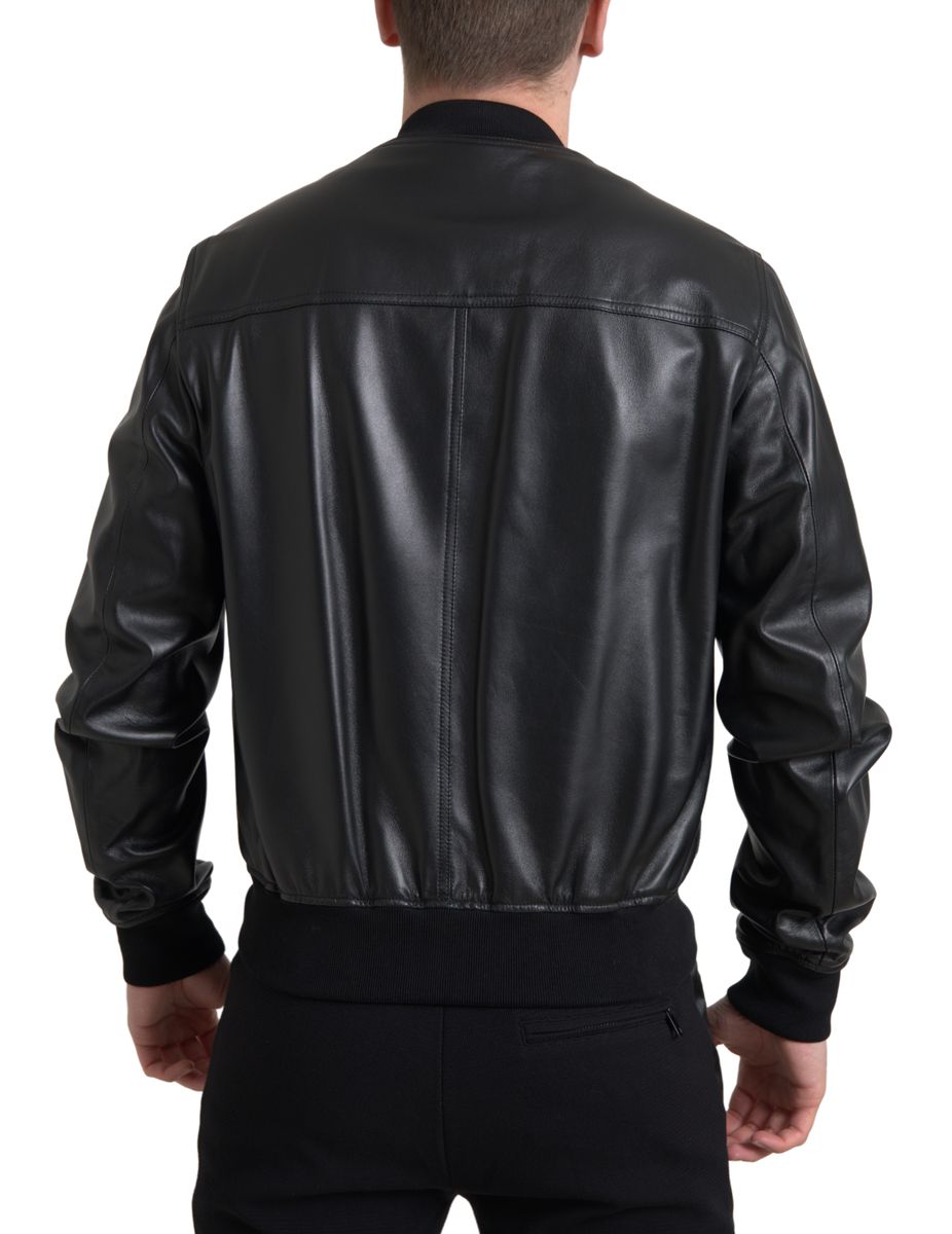 Dolce & Gabbana Black Leather Zip Bomber Jacket