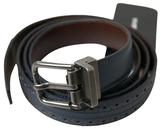 Dolce & Gabbana Blue Leather Perforated Metal Buckle Belt