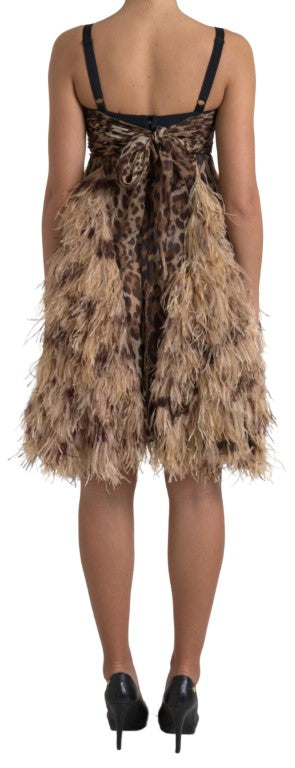 Dolce & Gabbana Brown Leopard Feather Chiffon Sleeveless Dress