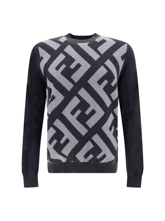 Fendi Grey Wool Logo Details Sweater