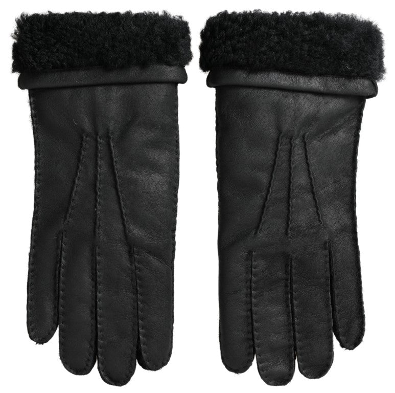 Dolce & Gabbana Black Leather Fur Short Hands Mitten Men Gloves