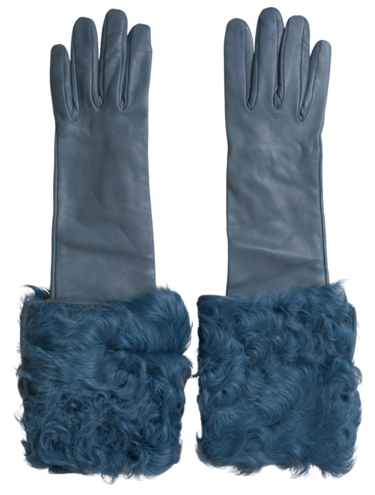 Dolce & Gabbana Blue Leather Fur Mid Arm Length Gloves