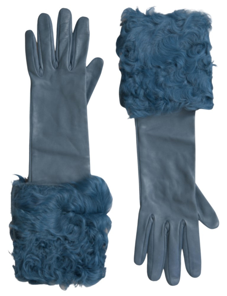 Dolce & Gabbana Blue Leather Fur Mid Arm Length Gloves