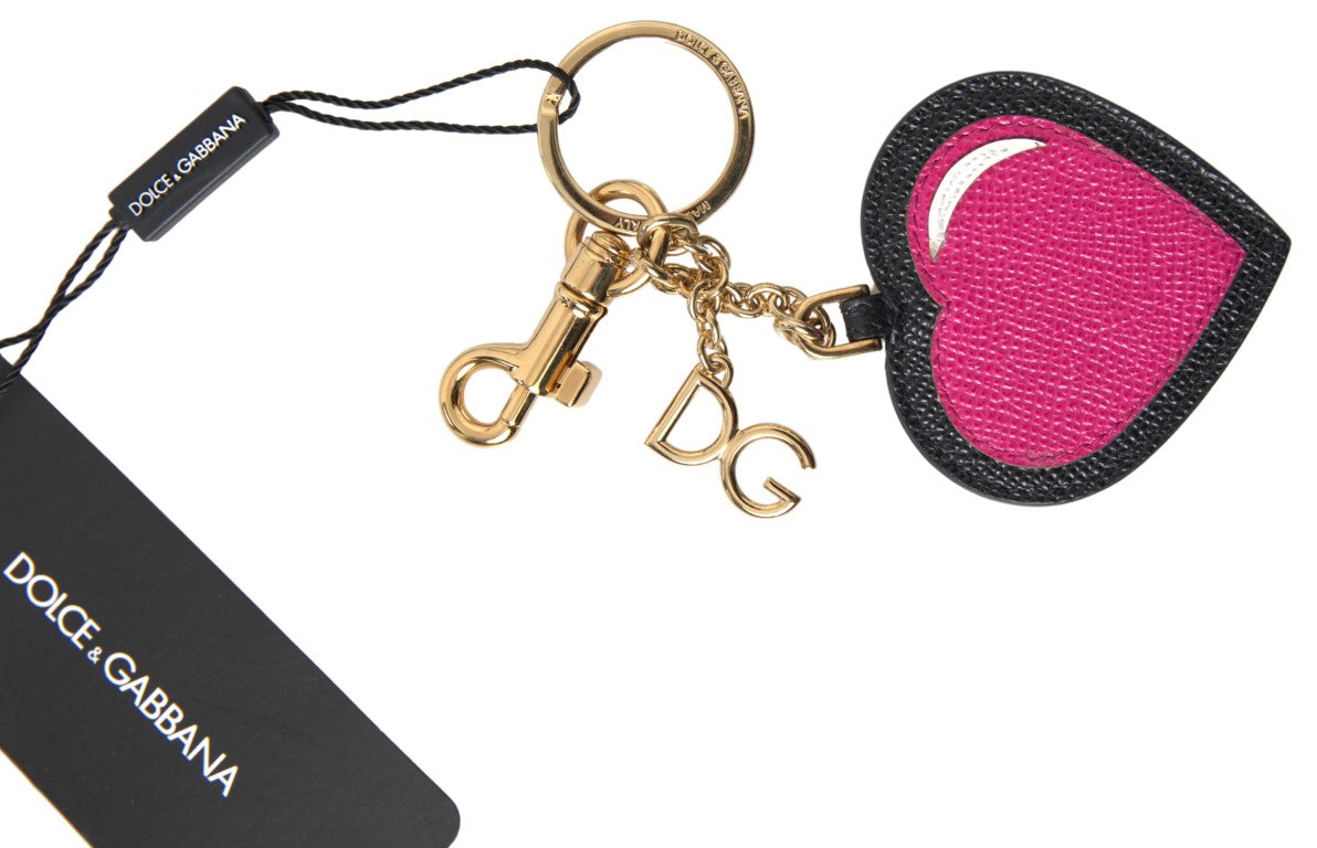 Dolce & Gabbana Black Fuchsia Heart Leather Gold Metal Keyring Keychain