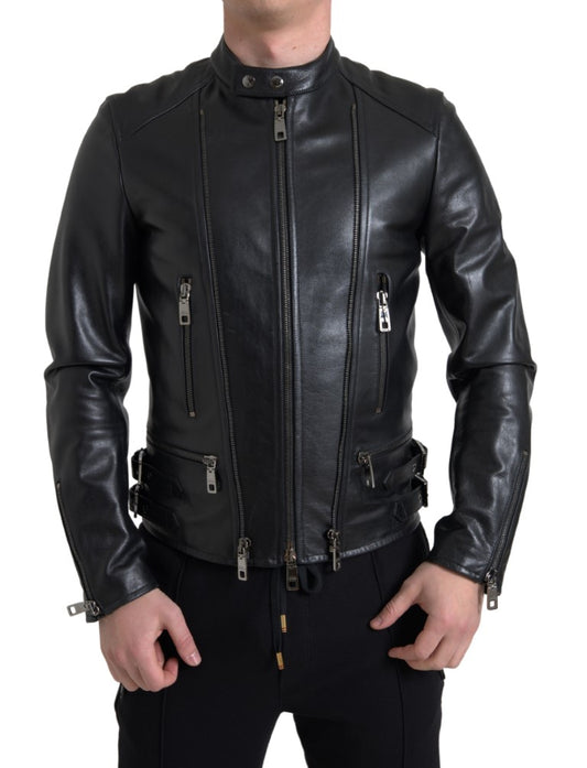 Dolce & Gabbana Black Leather Zipper Coat Men Jacket