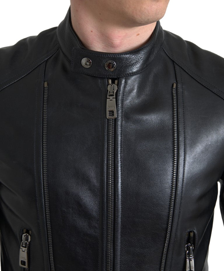 Dolce & Gabbana Black Leather Zipper Coat Men Jacket