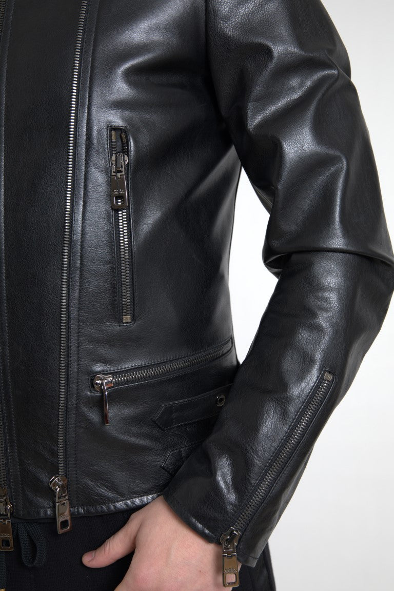 Dolce & Gabbana Black Leather Zipper Coat Men Jacket