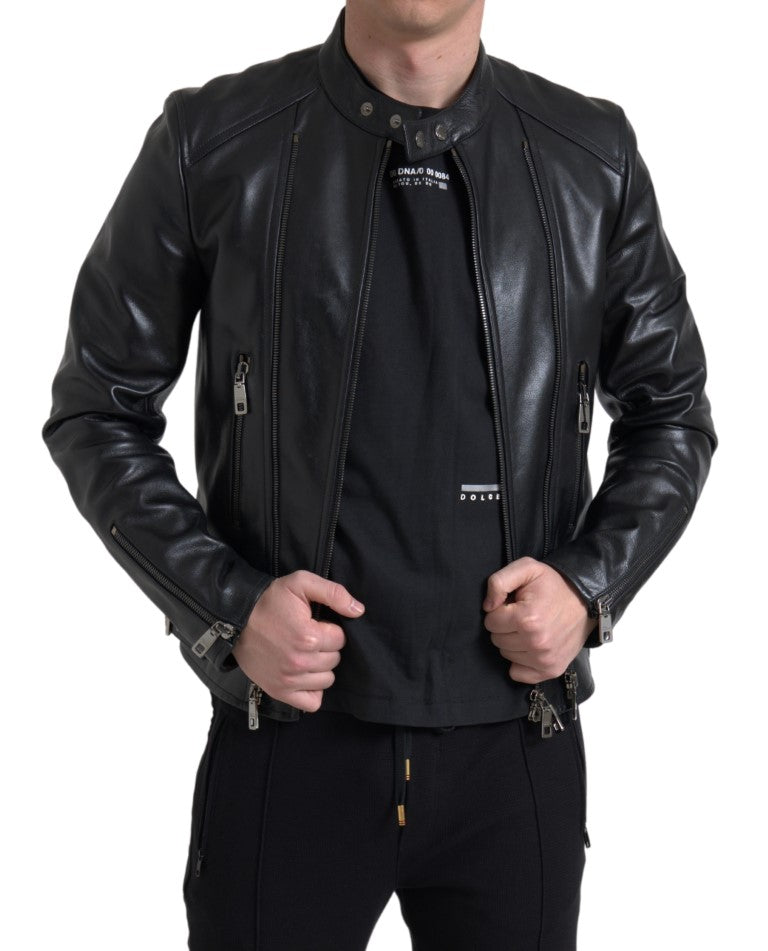 Dolce & Gabbana Black Leather Zipper Coat Men Jacket