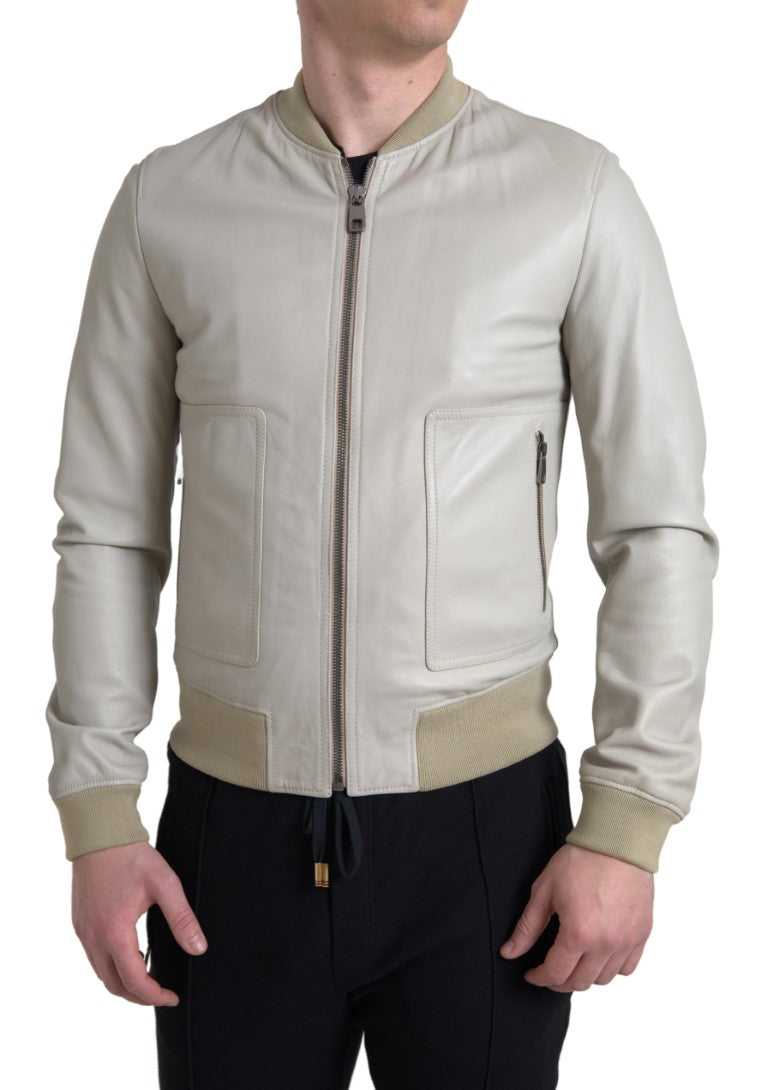 Dolce & Gabbana Cream Leather Bomber Blouson Full Zip Jacket