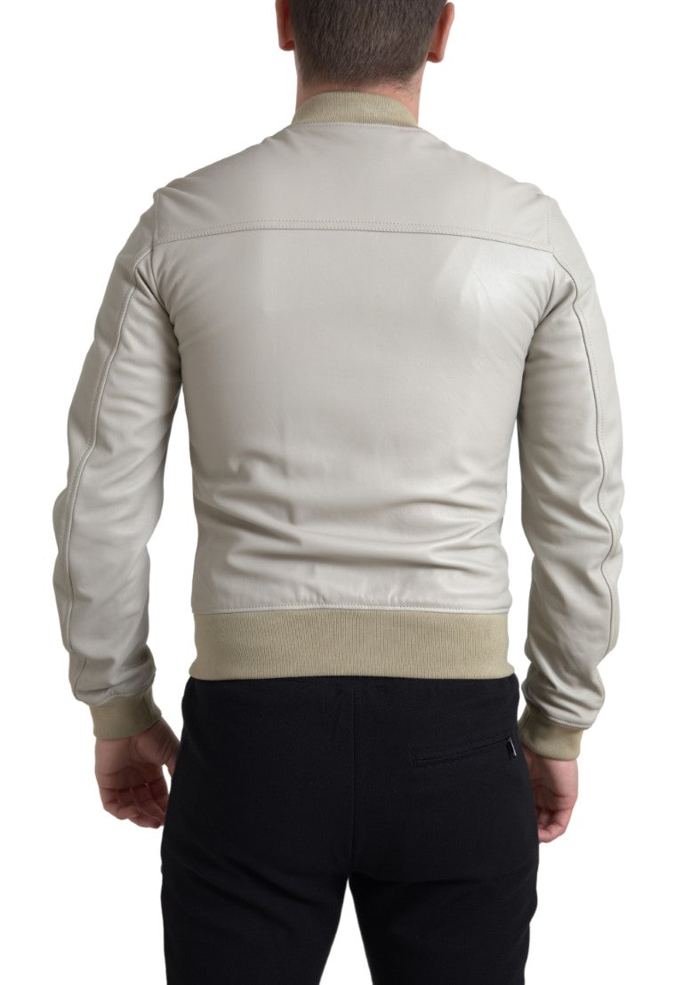 Dolce & Gabbana Cream Leather Bomber Blouson Full Zip Jacket