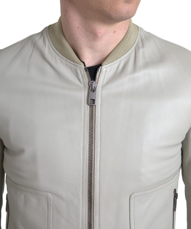 Dolce & Gabbana Cream Leather Bomber Blouson Full Zip Jacket