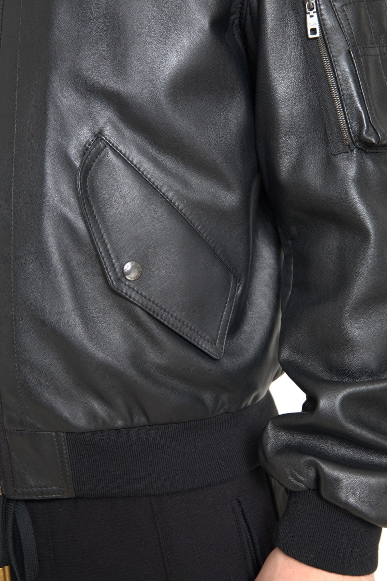 Dolce & Gabbana Black Leather Bomber Jacket