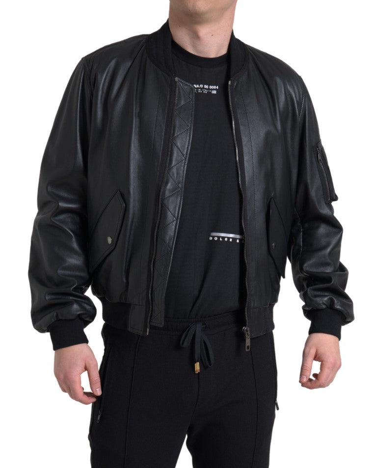 Dolce & Gabbana Black Leather Bomber Jacket