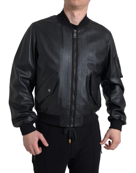 Dolce & Gabbana Black Leather Bomber Jacket