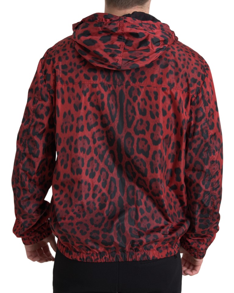 Dolce & Gabbana Red Leopard Hooded Bomber Full Zip Jacket