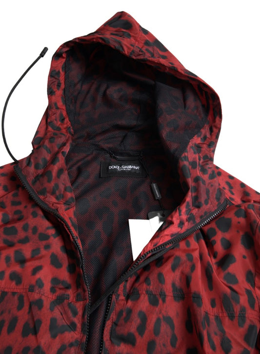 Dolce & Gabbana Red Leopard Hooded Bomber Full Zip Jacket